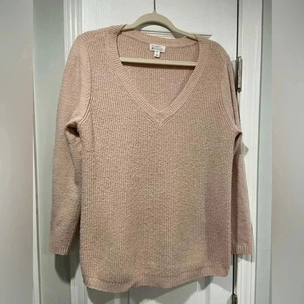 Market & Spruce Light Pink Long Sleeve V neck Ribbed Pullover Sweater Size M